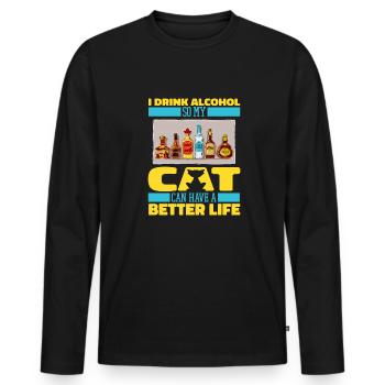 Drinking alcohol drinking cat - Men's Premium Organic Long Sleeve Shirt - black - Front - Nico (187cm)