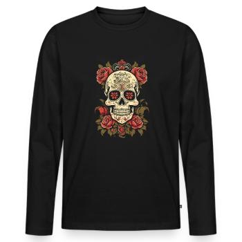 80s Rock Rosen Totenschädel - Männer Premium Bio Langarmshirt - Schwarz - Vorne - Nico (187cm)