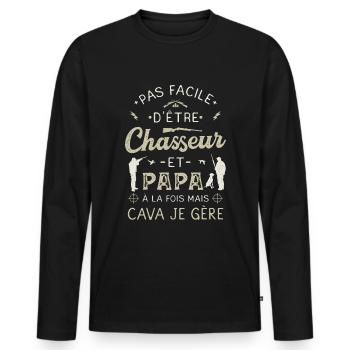 Papa Chasseur Humoristique Chasse Chassé Chasser - T-shirt manches longues Premium bio Homme - noir - Devant - Nico (187cm)