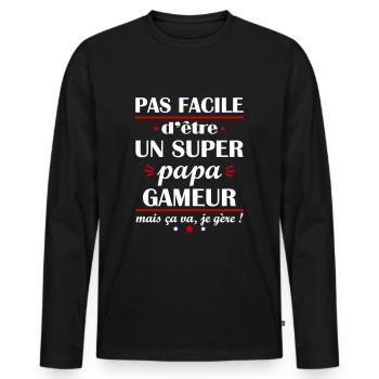 Pas facile super papa gameur, fête des pères, nerd - T-shirt manches longues Premium bio Homme - noir - Devant - Nico (187cm)