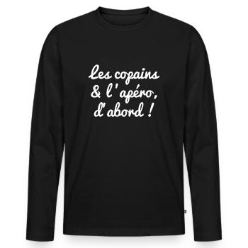 les copains et apéro, t-shirt alcool, cadeau apéro - T-shirt manches longues Premium bio Homme - noir - Devant - Nico (187cm)