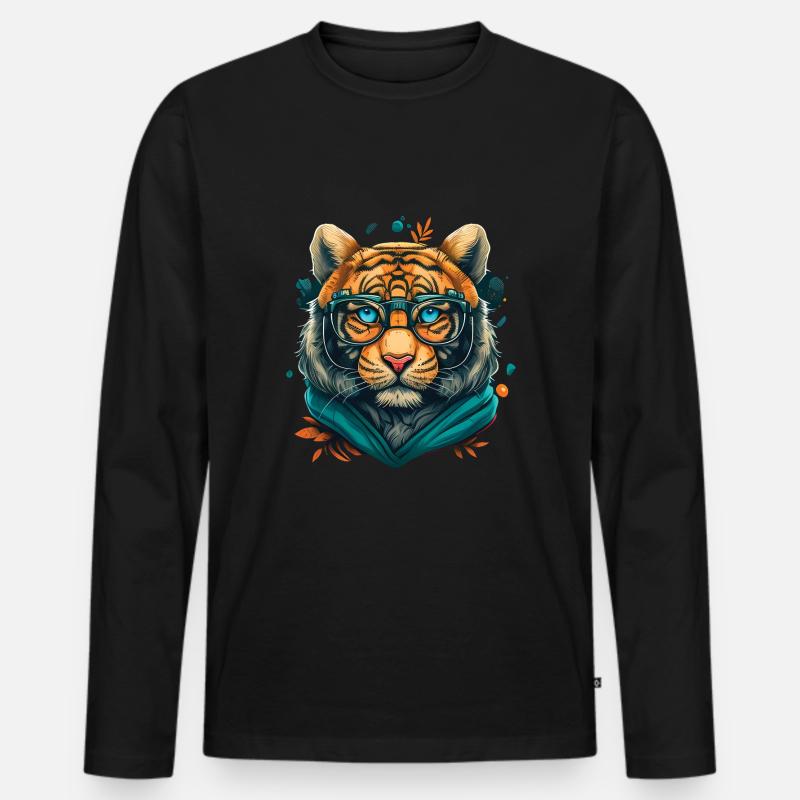 Tiger als Nerd mit Buch - Männer Premium Bio Langarmshirt - Schwarz