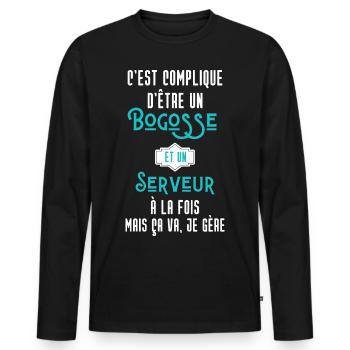 C'est compliqué d'être Bogosse et Serveur - T-shirt manches longues Premium bio Homme - noir - Devant - Nico (187cm)