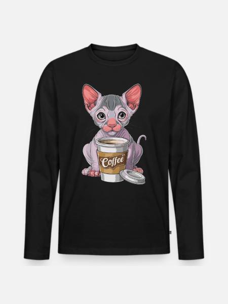 Nacktkatze mit Kaffee - Männer Premium Bio Langarmshirt - Schwarz