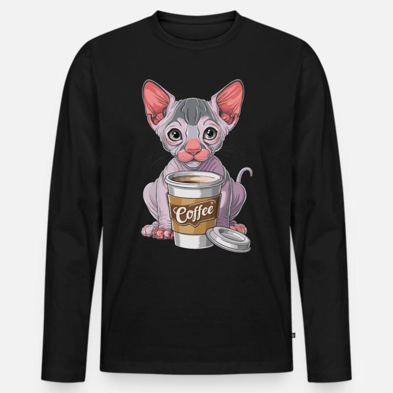 Nacktkatze mit Kaffee - Männer Premium Bio Langarmshirt - Schwarz