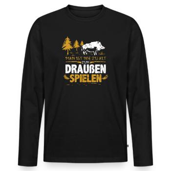 Jäger mit Wildschwein - Nie zu alt - Männer Premium Bio Langarmshirt - Schwarz - Vorne - Nico (187cm)