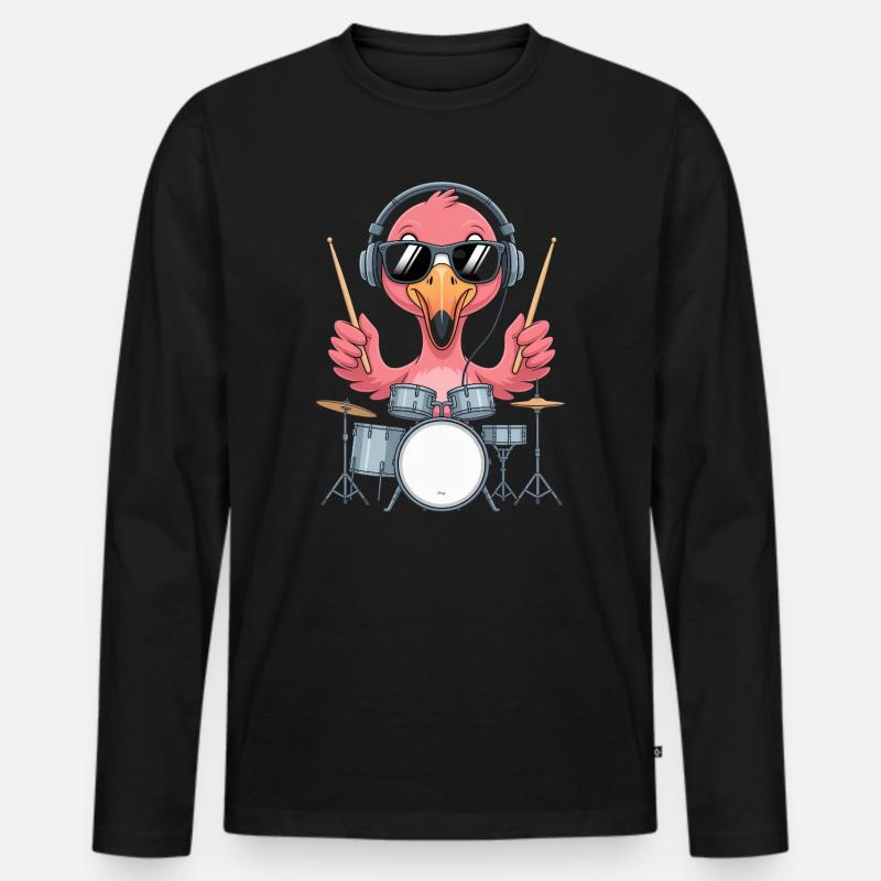 Flamingo Schlagzeuger Mit Kopfhörern - Männer Premium Bio Langarmshirt - Schwarz