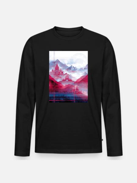 Psy-Art - Tempel über Berglandschaft - Männer Premium Bio Langarmshirt - Schwarz