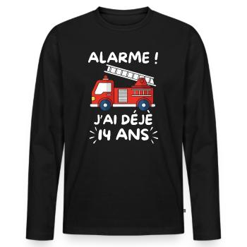 Alarme J’ai Déjà 14 Ans, Anniversaire Pompier - T-shirt manches longues Premium bio Homme - noir - Devant - Nico (187cm)
