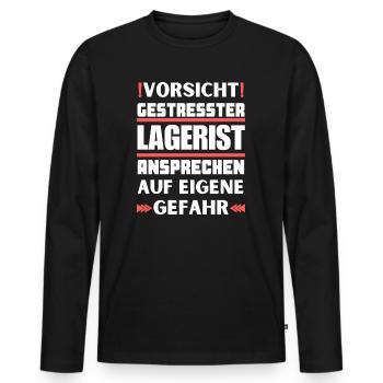 Gestresster Lagerist nicht ansprechen! - Männer Premium Bio Langarmshirt - Schwarz - Vorne - Nico (187cm)