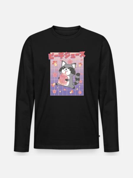 Kawaii Raccoon Drinking Peach Juice - Men's Premium Organic Long Sleeve Shirt - black