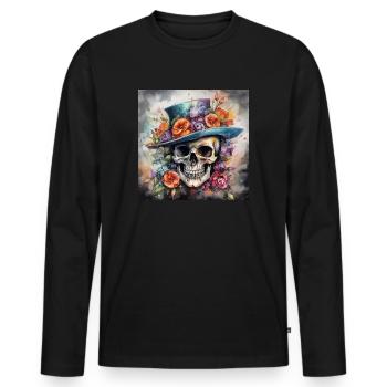 TÊTE DE MORT AU CHAPEAU FLEURI - T-shirt manches longues Premium bio Homme - noir - Devant - Nico (187cm)