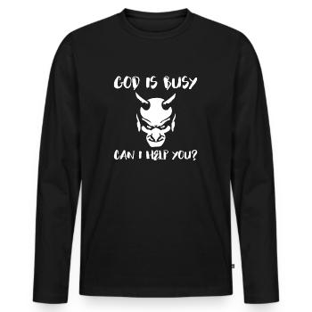 Gott ist beschäftigt, kann ich dir helfen? Teufel - Männer Premium Bio Langarmshirt - Schwarz - Vorne - Nico (187cm)