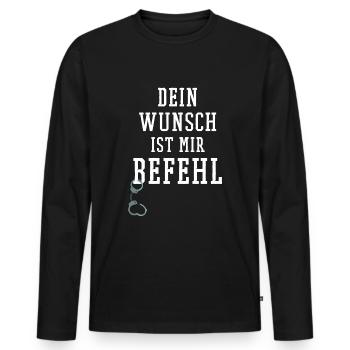 BDSM Shirt Dein Wunsch ist mir Befehl Handschellen - Männer Premium Bio Langarmshirt - Schwarz - Vorne - Nico (187cm)