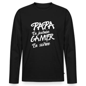 Papa en journée gamer en soirée cadeau papa gamer - T-shirt manches longues Premium bio Homme - noir - Devant - Nico (187cm)