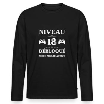 t shirt niveau 18 débloqué anniversaire 18 ans - T-shirt manches longues Premium bio Homme - noir - Devant - Nico (187cm)