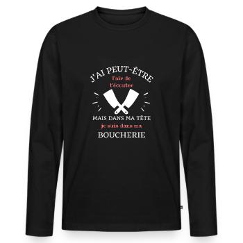 t shirt dans ma tete boucherie humour boucher - T-shirt manches longues Premium bio Homme - noir - Devant - Nico (187cm)