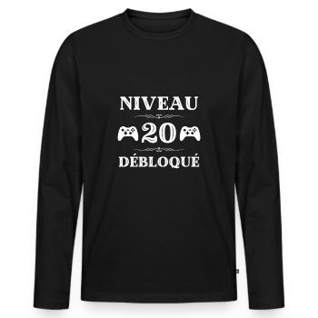 t shirt niveau 20 débloqué anniversaire 20 ans - T-shirt manches longues Premium bio Homme - noir - Devant - Nico (187cm)