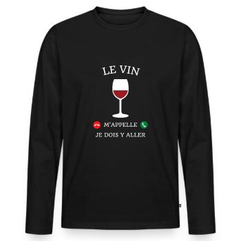 t shirt le vin m'appelle humour vigneron alcool - T-shirt manches longues Premium bio Homme - noir - Devant - Nico (187cm)