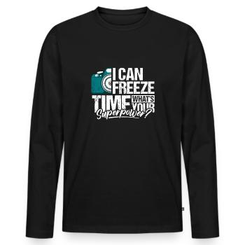 Je peux geler le temps Quelle est votre chemise Superpower - T-shirt manches longues Premium bio Homme - noir - Devant - Nico (187cm)