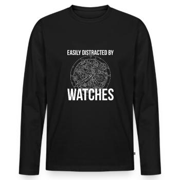 Facilement distrait par les montres - T-shirt manches longues Premium bio Homme - noir - Devant - Nico (187cm)
