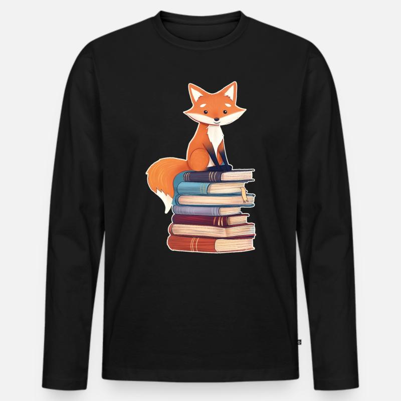 Fuchs auf Bücherstapel - Männer Premium Bio Langarmshirt - Schwarz