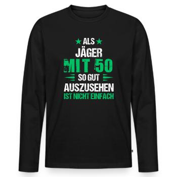 À 50 ans, beau chasseur - T-shirt manches longues Premium bio Homme - noir - Devant - Nico (187cm)
