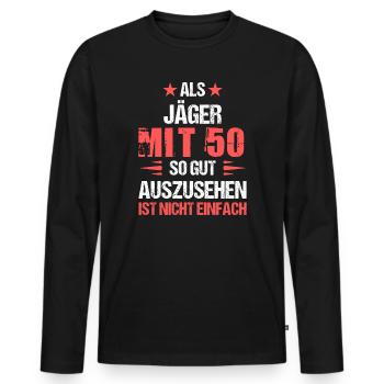 À 50 ans, beau chasseur - T-shirt manches longues Premium bio Homme - noir - Devant - Nico (187cm)