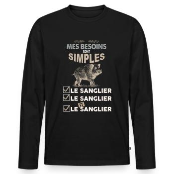 Chasse au sanglier, idée cadeau papa chasseur - T-shirt manches longues Premium bio Homme - noir - Devant - Nico (187cm)