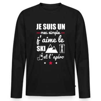 j'aime la ski et l'apéro, cadeau skieur, alcool - T-shirt manches longues Premium bio Homme - noir - Devant - Nico (187cm)