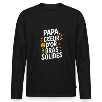 Papa Cœur d'or et Bras Solides - T-shirt manches longues Premium bio Homme - noir - Devant - Nico (187cm)
