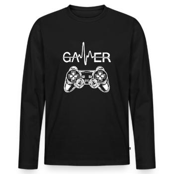 Gamer Heartbeat - Männer Premium Bio Langarmshirt - Schwarz - Vorne - Nico (187cm)