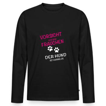 Vorsicht vor dem Frauchen - der Hund ist harmlos - Männer Premium Bio Langarmshirt - Schwarz - Vorne - Nico (187cm)