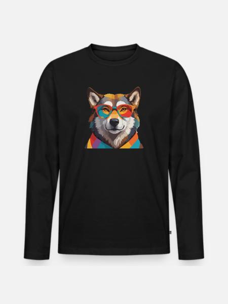 Wolf Cool mit Brille Bunt - Männer Premium Bio Langarmshirt - Schwarz