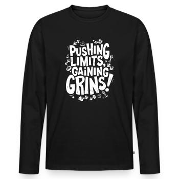 Grenzen überschreiten, Grinsen ernten! Gym Motivation Zitat - Männer Premium Bio Langarmshirt - Schwarz - Vorne - Nico (187cm)