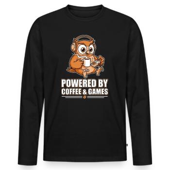 Owl with coffee and games - Men's Premium Organic Long Sleeve Shirt - black - Front - Nico (187cm)