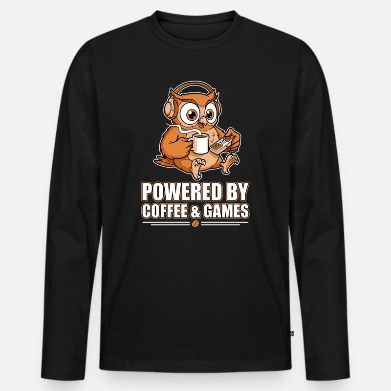 Eule mit Kaffee und Games - Männer Premium Bio Langarmshirt - Schwarz