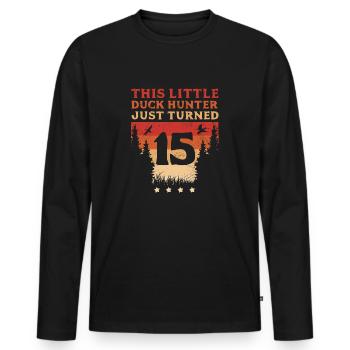 Hunter This Little Duck Hunter Just Turned 15 Duck - Men's Premium Organic Long Sleeve Shirt - black - Front - Nico (187cm)