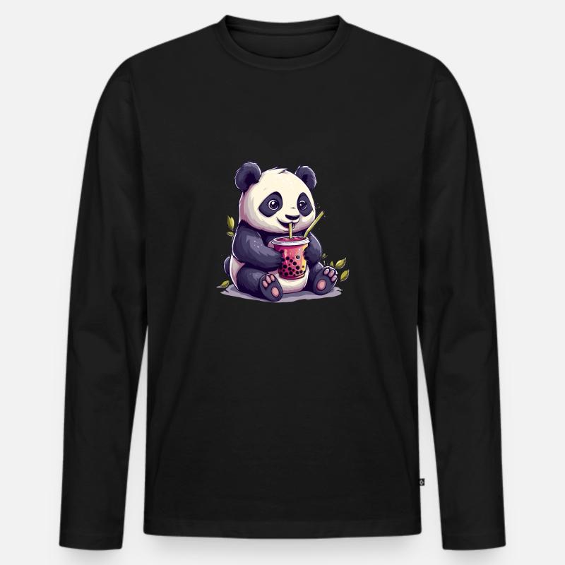 Niedlicher Panda mit Tee - Männer Premium Bio Langarmshirt - Schwarz