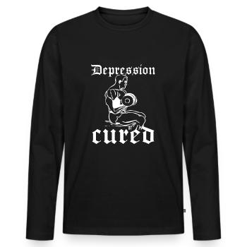 Depression Cured - Lustiger Fitness Spruch - Männer Premium Bio Langarmshirt - Schwarz - Vorne - Nico (187cm)