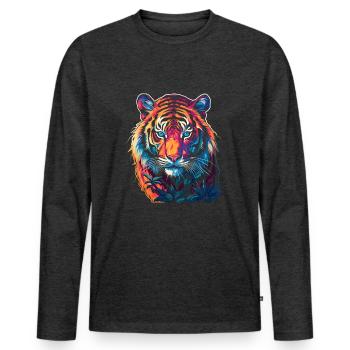 Tigre au look néon - gros plan - T-shirt manches longues Premium bio Homme - anthracite chiné - Devant - Nico (187cm)