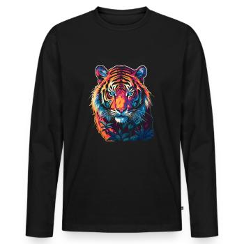 Tigre au look néon - gros plan - T-shirt manches longues Premium bio Homme - noir - Devant - Nico (187cm)
