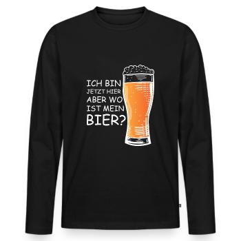 Ich bin jetzt hier, aber wo ist mein Bier? - Männer Premium Bio Langarmshirt - Schwarz - Vorne - Nico (187cm)