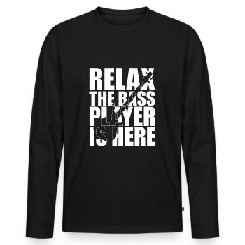 Bass Player Gift RELAX THE BASS PLAYER IS HERE - Männer Premium Bio Langarmshirt - Schwarz - Vorne - Nico (187cm)