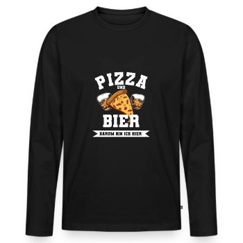 Pizza und Bier darum bin ich hier - Männer Premium Bio Langarmshirt - Schwarz - Vorne - Nico (187cm)