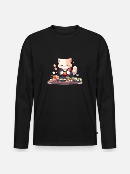 Samurai Cat eat Sushi - Men's Premium Organic Long Sleeve Shirt - black