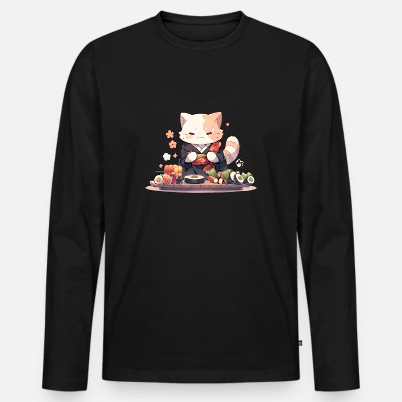 Samurai Cat eat Sushi - Männer Premium Bio Langarmshirt - Schwarz