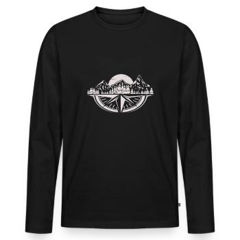 Montagnes, forêt & boussole au coucher du soleil - T-shirt manches longues Premium bio Homme - noir - Devant - Nico (187cm)