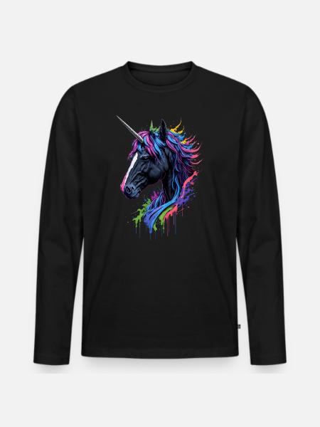 Rainbow Splash Einhorn - Männer Premium Bio Langarmshirt - Schwarz