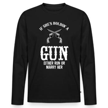 Gun Pistolet Gun Femme - Race ou Marry - T-shirt manches longues Premium bio Homme - noir - Devant - Nico (187cm)